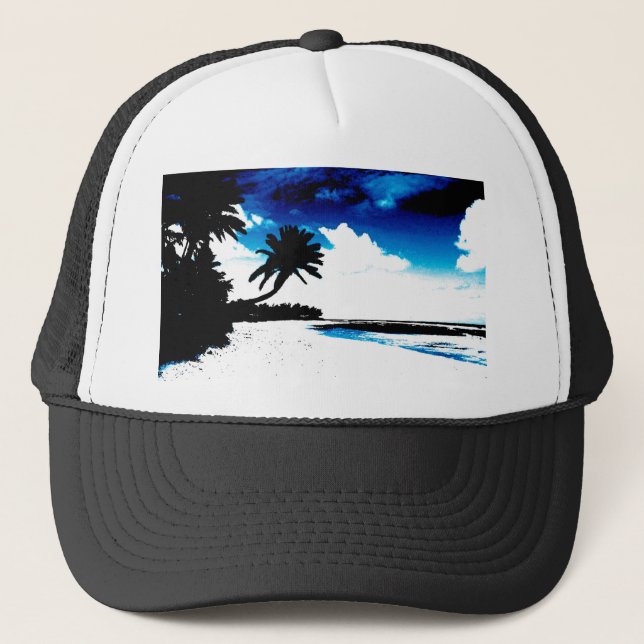 Blue Black White palm Tree Silhouette Trucker Hat (Front)