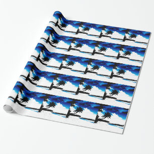 Blue Black White palm Tree Silhouette Wrapping Paper
