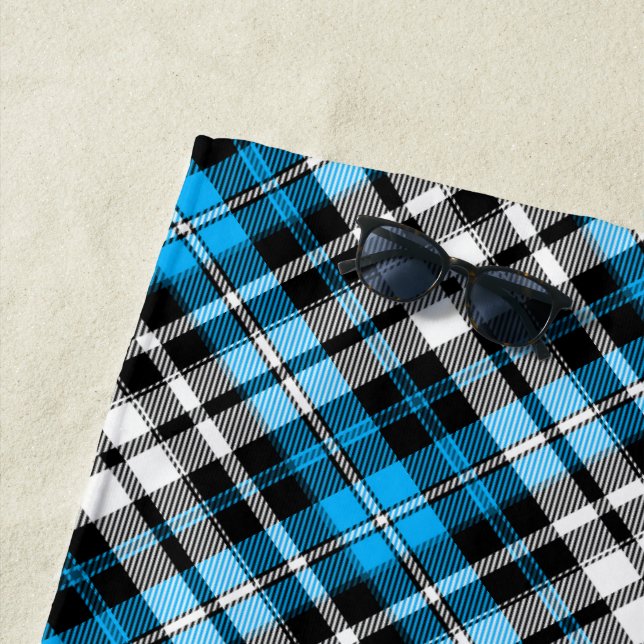 Blue Black White Plaid Tartan Pattern Design  Beach Towel (In Situ)