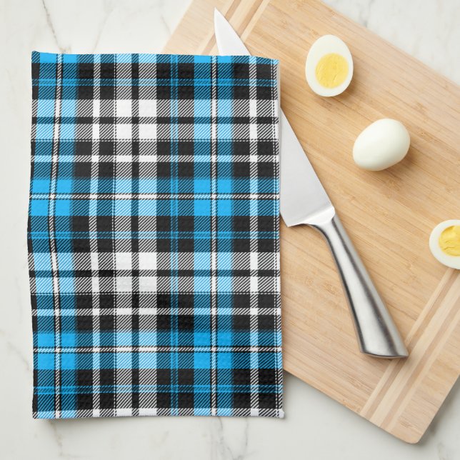 Blue Black White Plaid Tartan Pattern Design  Tea Towel (Quarter Fold)