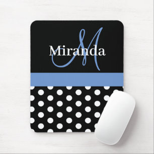Blue Black White Polka Dot Monogram Mouse Pad