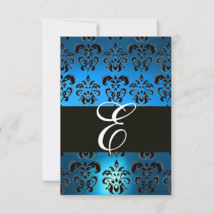 BLUE BLACK WHITE SAPPHIRE DAMASK MONOGRAM RSVP CARD