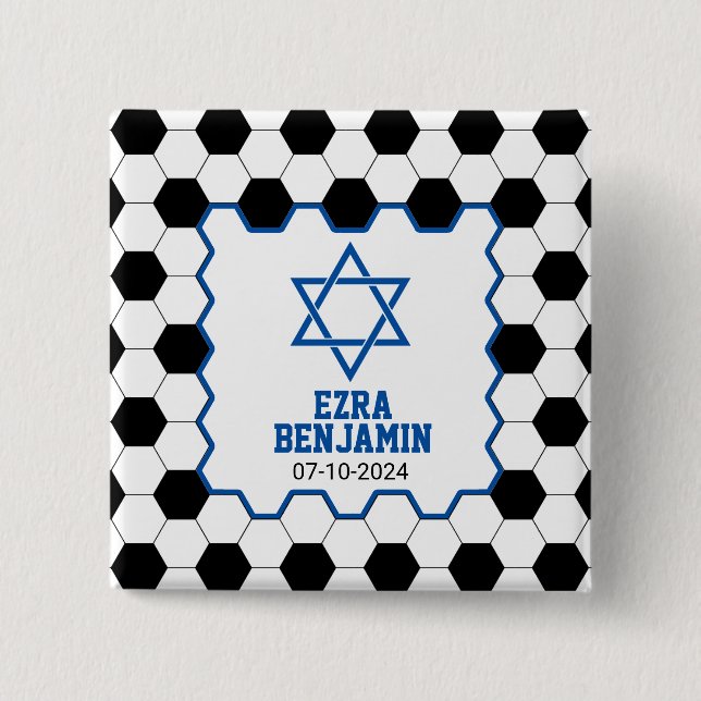 Blue Black White Soccer Ball Bar Mitzvah 15 Cm Square Badge (Front)