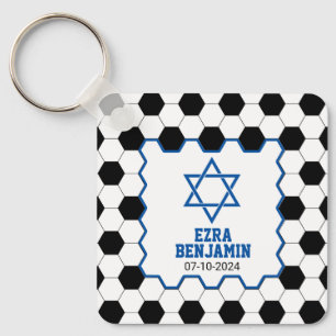 Blue Black White Soccer Ball Bar Mitzvah Key Ring