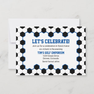 Blue Black White Soccer Ball Bar Mitzvah Reception Invitation