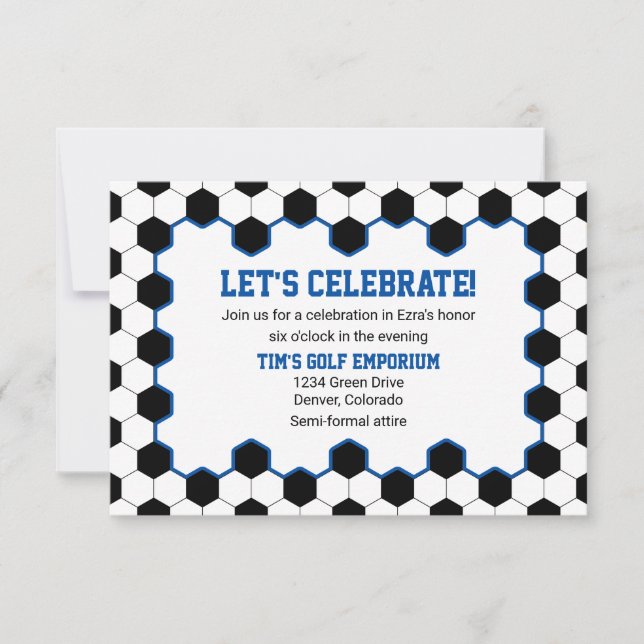 Blue Black White Soccer Ball Bar Mitzvah Reception Invitation (Front)