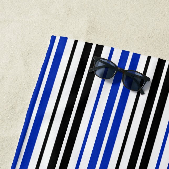 Blue Black White Stripes Pattern Design  Beach Towel (In Situ)