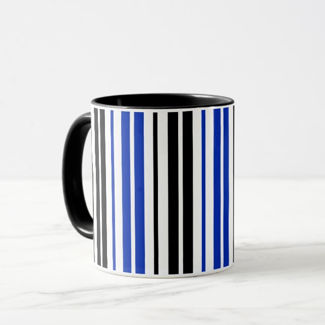 Blue Black White Stripes Pattern Design  Mug (Front Left)