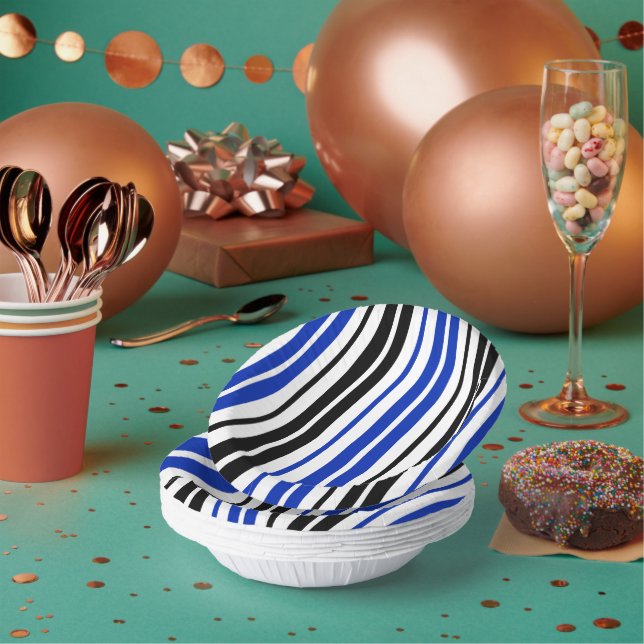 Blue Black White Stripes Pattern Design  Paper Plate (Multi)