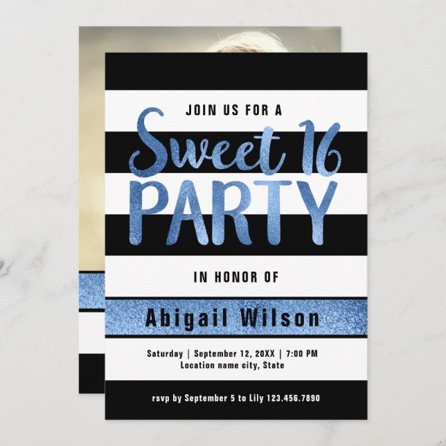 Blue black white sweet sixteen birthday party invitation (Front/Back)