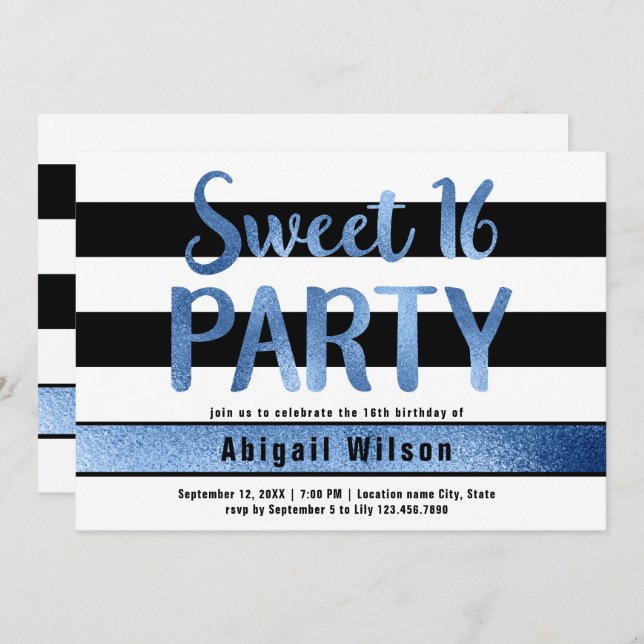 Blue black white sweet sixteen birthday party invitation (Front/Back)