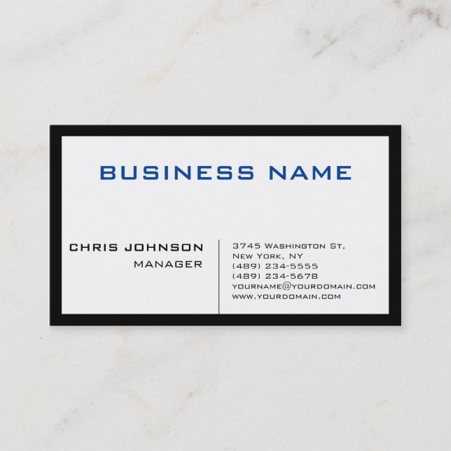 Blue Black White Unique Chic Manager Business Card (Front)