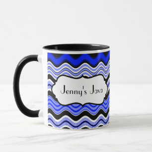 Blue, Black, White Wavy Stripes Personalised Mug