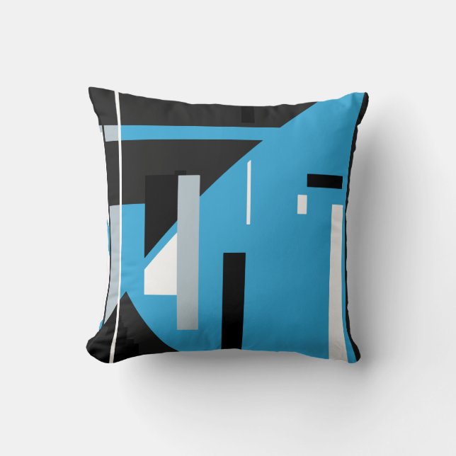 Blue Black White with Grey Geometric Abstract Art Cushion (Front)