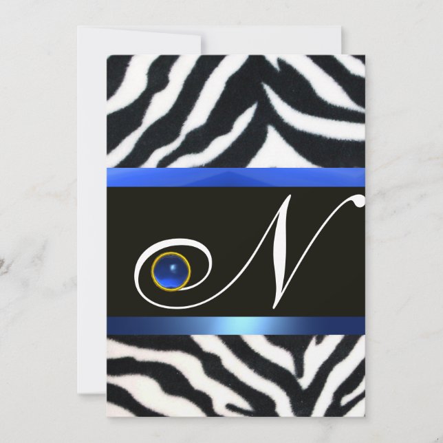 BLUE BLACK WHITE ZEBRA FUR MONOGRAM,Sapphire Invitation (Front)