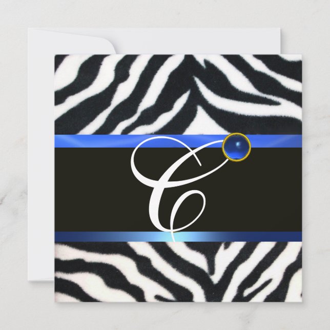BLUE BLACK WHITE ZEBRA FUR MONOGRAM,Sapphire Invitation (Front)