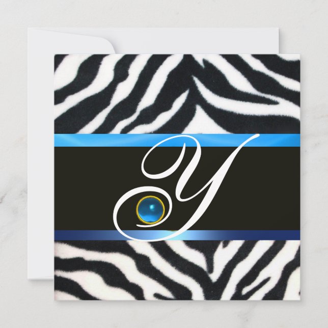 BLUE BLACK WHITE ZEBRA FUR MONOGRAM,Sapphire Invitation (Front)
