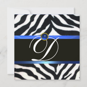 BLUE BLACK WHITE ZEBRA FUR MONOGRAM,Sapphire Invitation