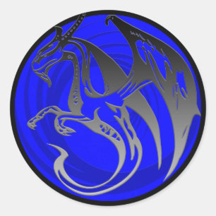 Blue black wing grunge dragon round stickers