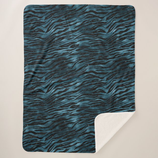 Blue Black Zebra Print Ombre Sherpa Blanket (Front)