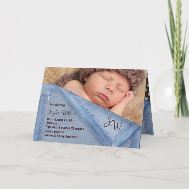 Blue Blanket Boy Photo Birth Annoncement Cards (Front)