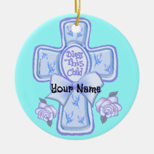 Blue Bless This Child Christian Cross Ornament
