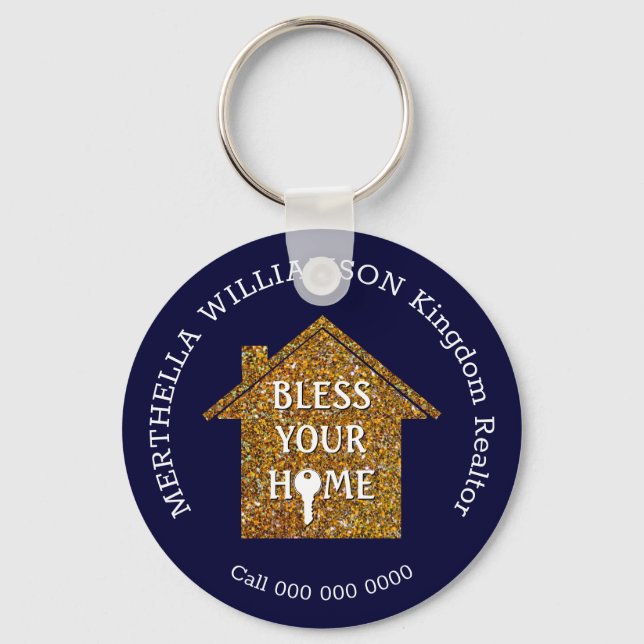 Blue BLESS YOUR HOME Real Estate Realtor Keychain (Front)
