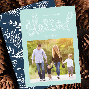 Blue Blessed Christmas Religious Custom Photo Holiday Card