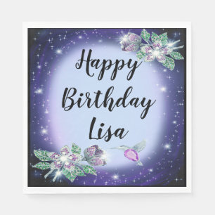 Blue Bling Floral Bird Birthday Napkin