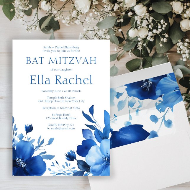 Blue Blooms Watercolor BAT MITZVAH CUSTOM  Invitation (Blue Blooms Watercolor BAT MITZVAH CUSTOM Invitation
)