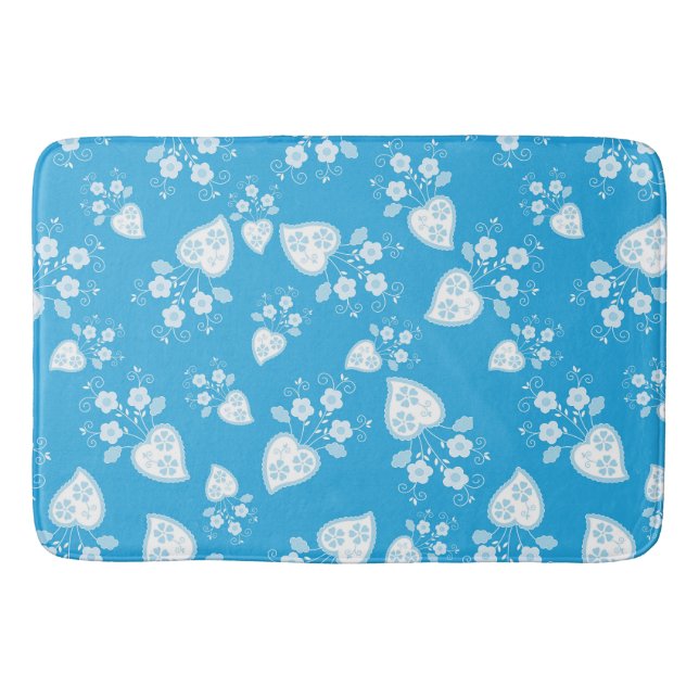 Blue blossom heart with flowers pattern bath mat (Front)