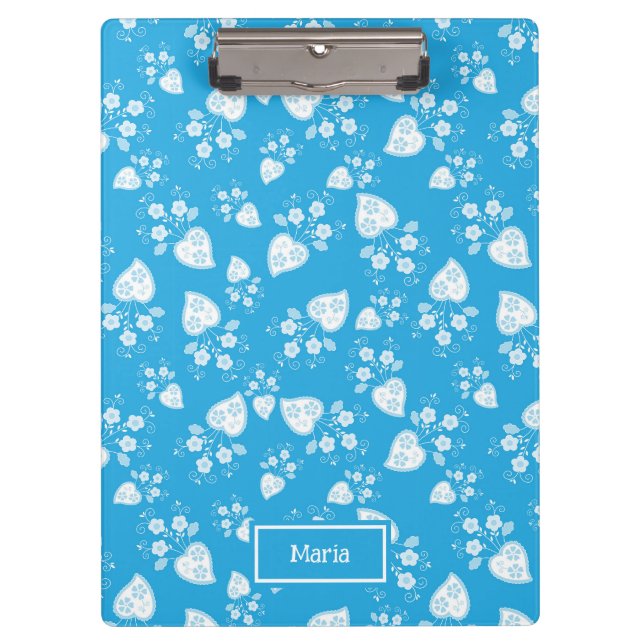 Blue blossom heart with flowers pattern clipboard (Front)