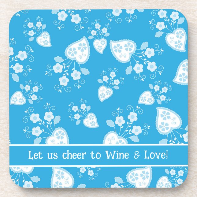 Blue blossom heart with flowers pattern coaster (Front)