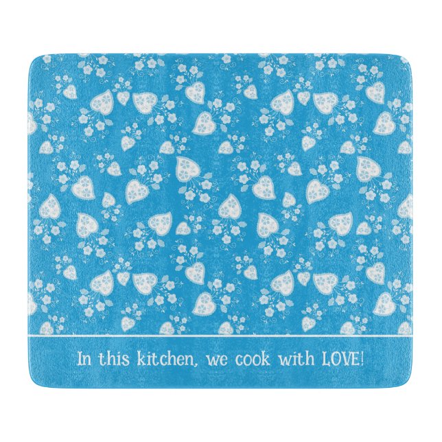 Blue blossom heart with flowers pattern cutting board (Front)