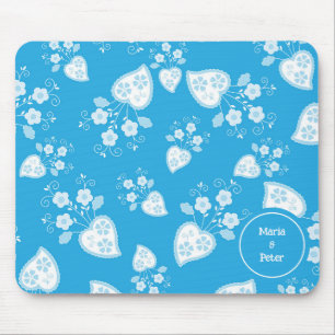 Blue blossom heart with flowers pattern mouse pad