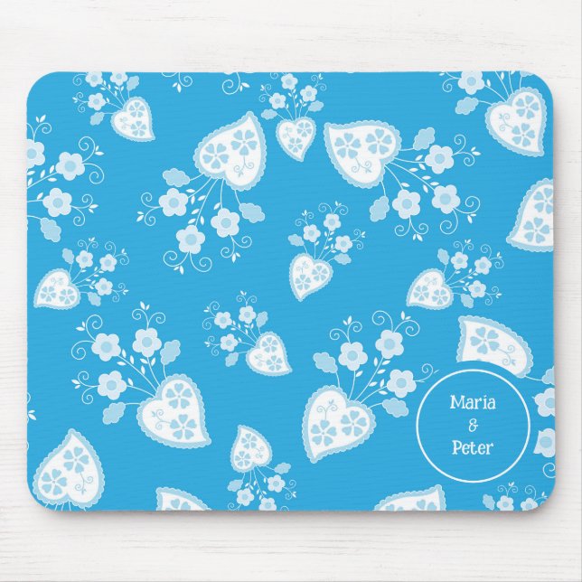 Blue blossom heart with flowers pattern mouse pad (Front)