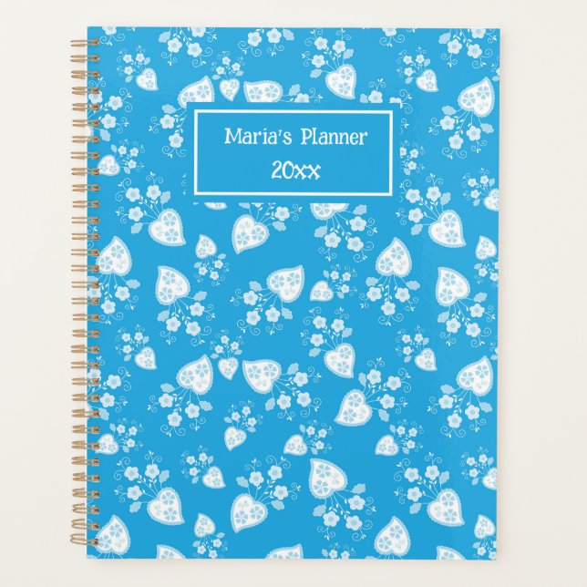 Blue blossom heart with flowers pattern planner (Front)