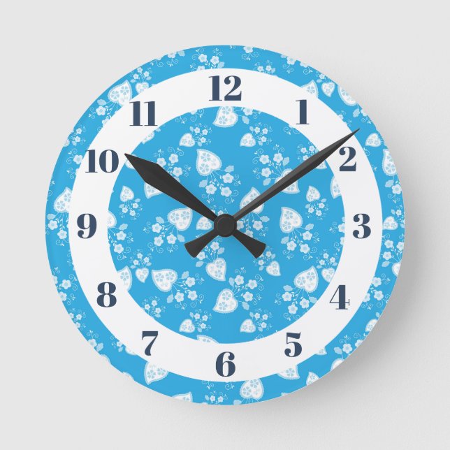 Blue blossom heart with flowers pattern round clock (Front)