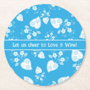 Blue blossom heart with flowers pattern round paper coaster
