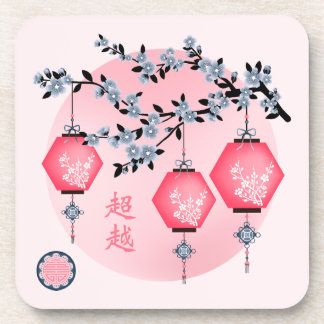 Blue blossom lanterns "Rise above" Asian design Coaster