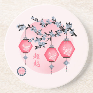Blue blossom lanterns "Rise above" Asian design Coaster