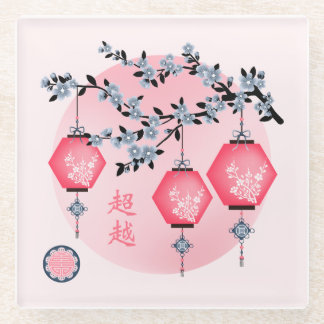 Blue blossom lanterns "Rise above" Asian design Glass Coaster