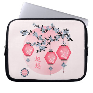 Blue blossom lanterns "Rise above" Asian design Laptop Sleeve