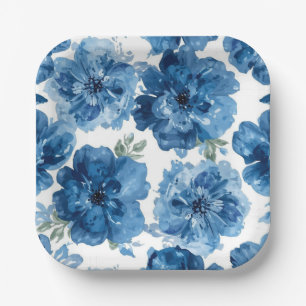 Blue Blossom Watercolor Floral Botanical White Paper Plate