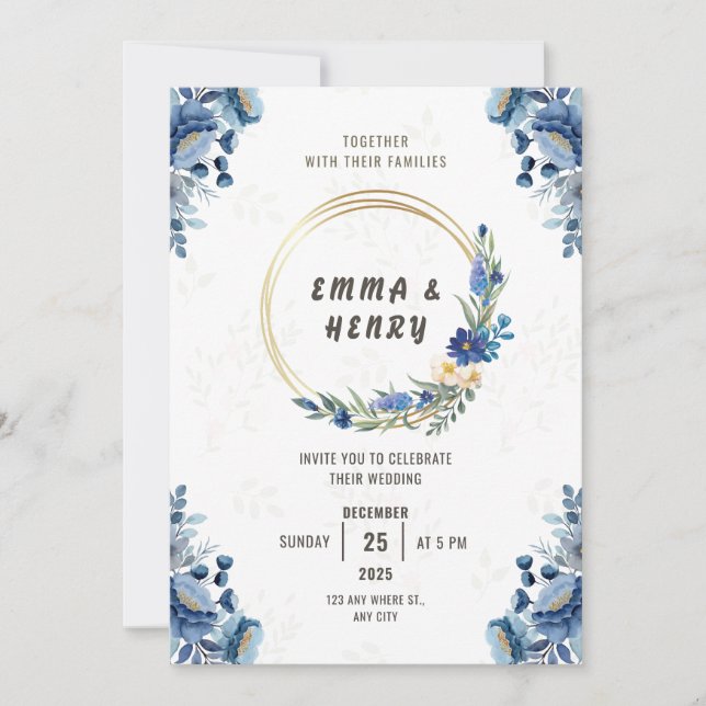 Blue Blossoms and Gilded Gold Wedding Invitation (Front)