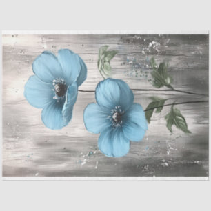 Blue Blossoms on Grey Wood Painting Decoupage Tissue Paper
