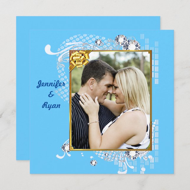 Blue Blue Background with Diamonds & Frame Wedding Invitation (Front/Back)