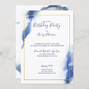 Blue Blue Ombre Gold Frame Unisex Birthday Invitation