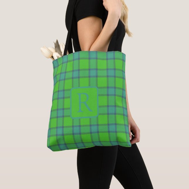 Blue & blue Tartan Plaid Scottish monogram Tote Bag (Close Up)
