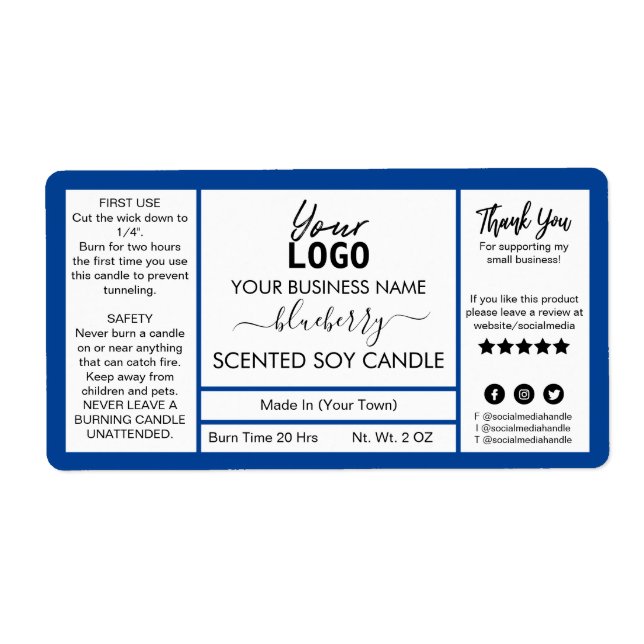 Blue Blueberry Scented Soy Candle Label (Front)
